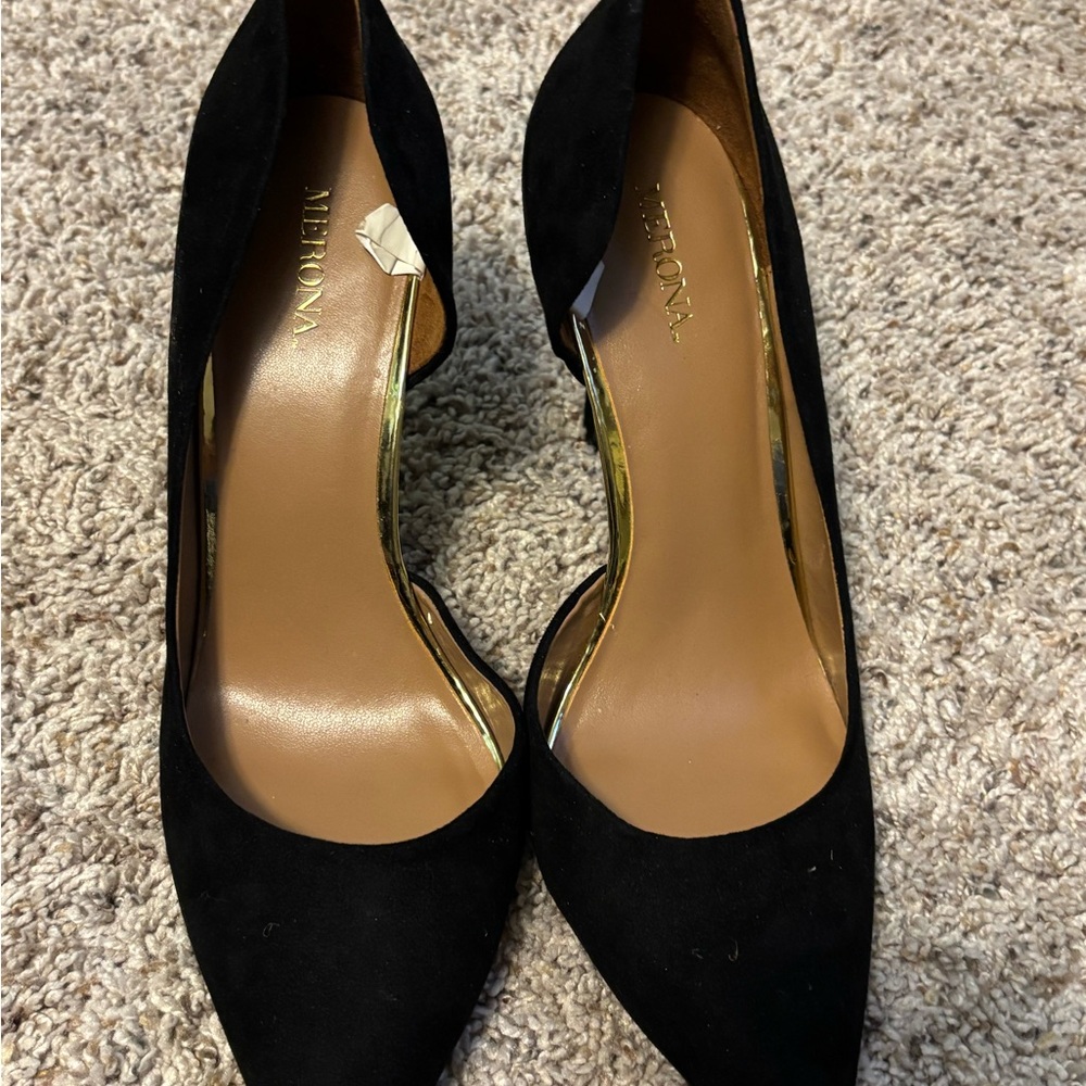 Merona Black Pointed-Toe Suede Pumps with Gold Trim